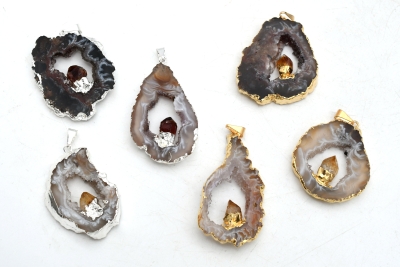 Agate geode slice pendants galvanized with Citrine