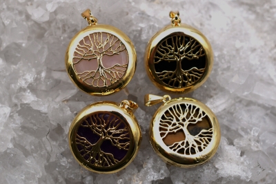 Lebensbaum Anh�nger mit verschiedenen Mineralien goldfarben galvanisiert