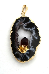 Agate geode slice pendants galvanized with Citrine
