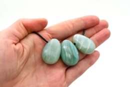 Amazonit Trommelstein flach gebohrt 5-er Set