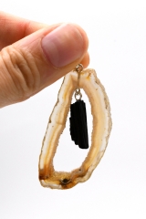 Agate geode slice pendants with tourmaline 925er Silber