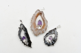 Achat Geodenscheiben Anh�nger galvanisiert silberfarben mit Amethyst